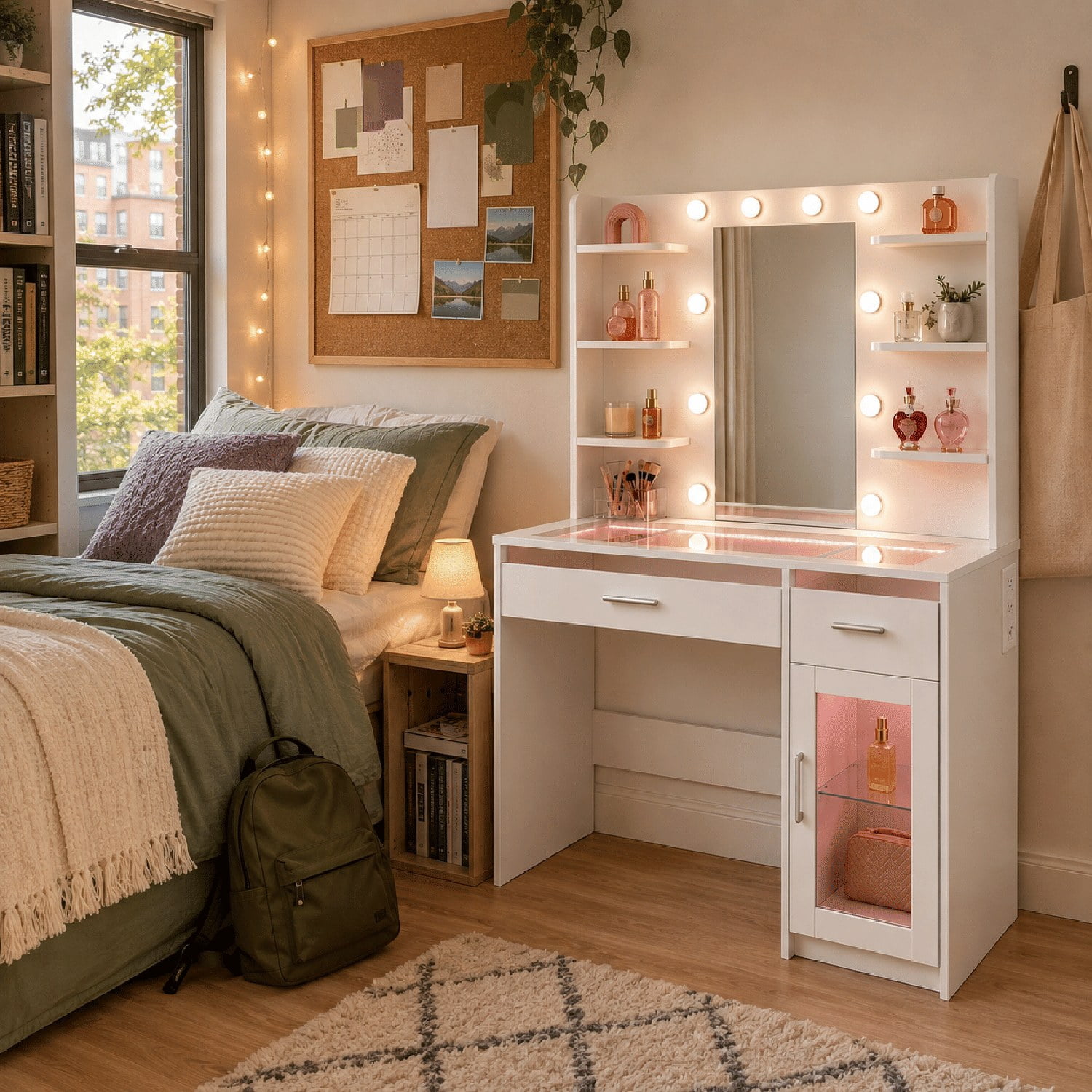 Vanity Desk with Lighted Mirror and UL-Certified Power Outlet, Makeup Table with App-Controlled RGB Light Strip, Storage Shelves, Cabinet and Drawers, MDF Wood, 35.4 in Wide