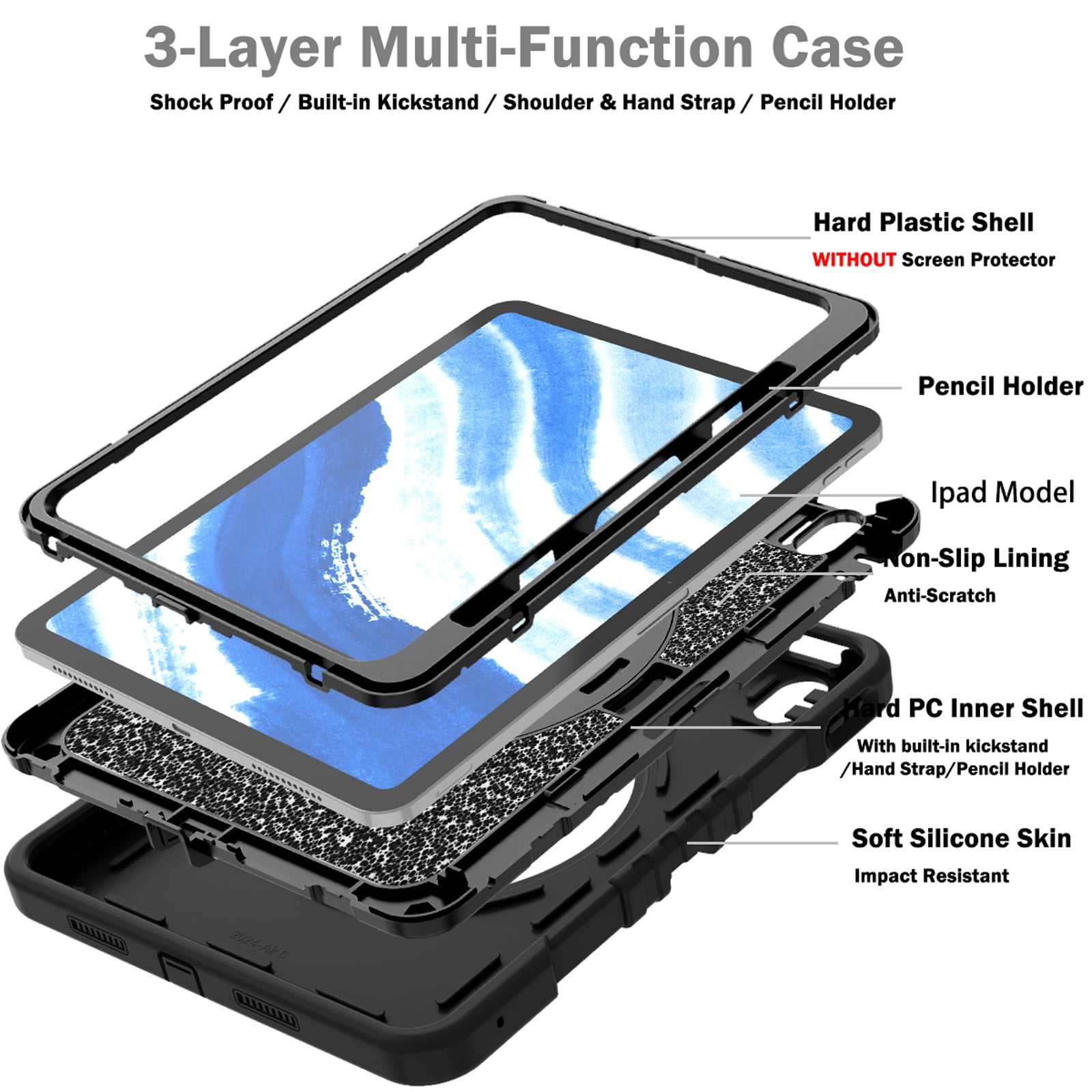 Military Grade Case for Apple iPad Air 11 inch 2024,Shoulder Strap Shockproof iPad Case with Pencil Holder 360 Rotating Hand Strap+Kicstand Rugged Siicone and Hard PC Case,Black