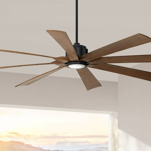 Possini Euro Design 70" Defender Indoor Outdoor Ceiling Fan 8 Blade LED Light Remote Control Matte Black Finish Koa Finish Blades Damp Rated