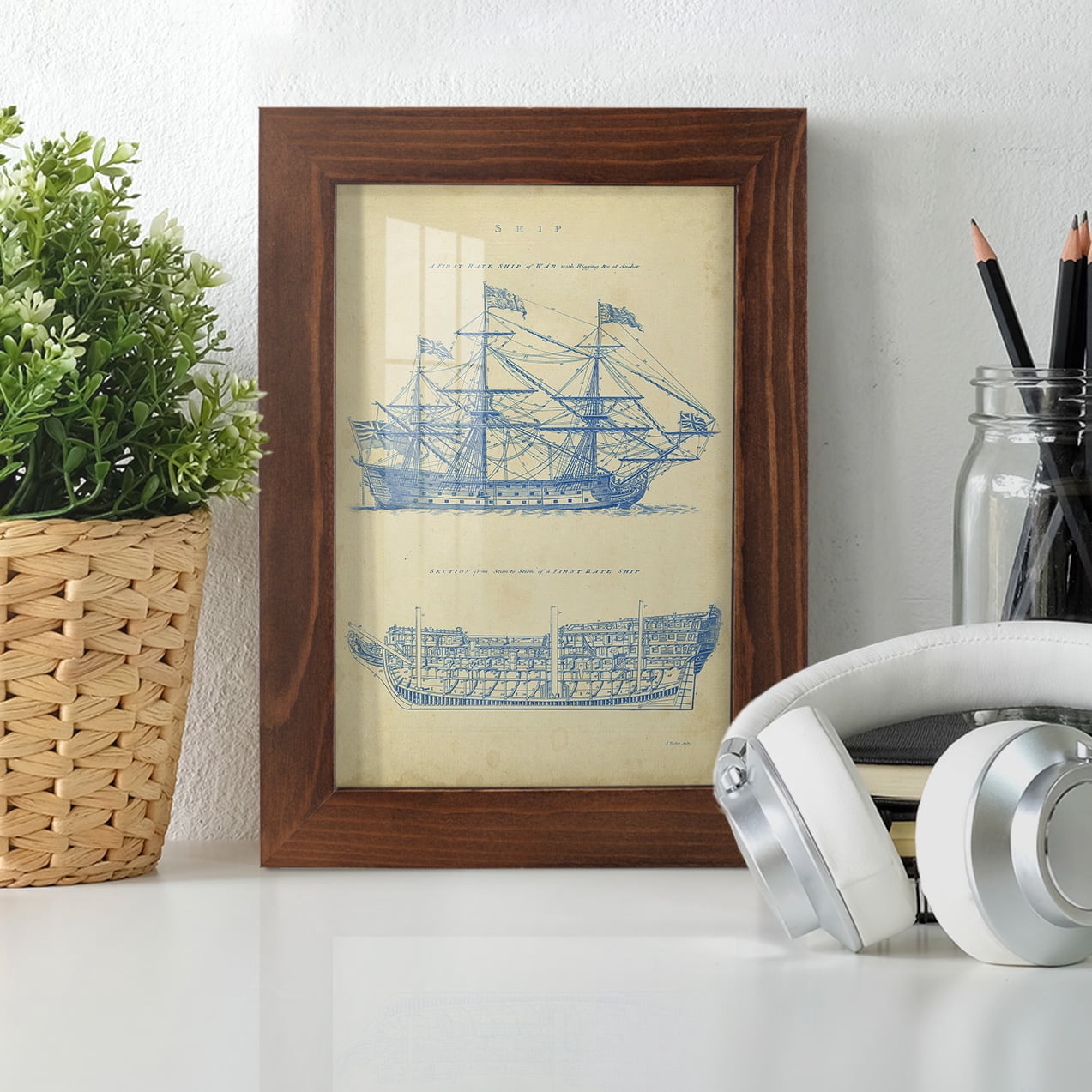 Vintage Ship Blueprint -Framed Print w/glass-Chestnut