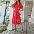 thumbnail image 5 of Women's Vintage Polka Dot Midi Dress Short Sleeve V-Neck Button Down Casual Summer Dress with Adjustable Waist Tie,Red L, 5 of 8