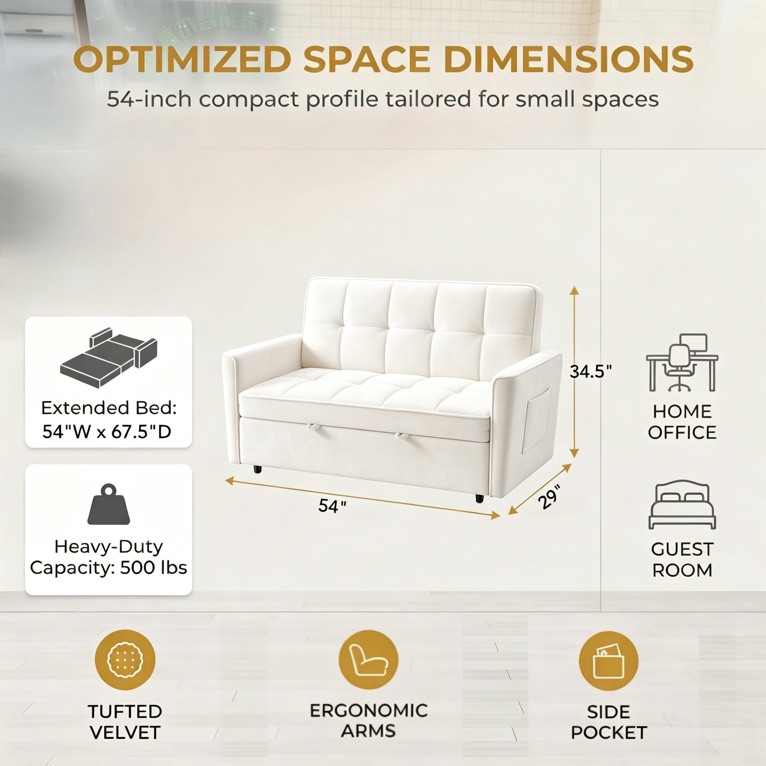 54" Convertible Sleeper Sofa Bed, Modern Velvet 3-in-1 Pull Out Loveseat Couch with 5-Position Backrest & Side Storage Pocket for Living Room, Beige