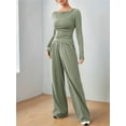 thumbnail image 4 of Women'S 2 Piece Matching Lounge Set Long Sleeve Boat Neck Top Wide Leg Pants Casual Sweatsuit Bean Green L, 4 of 9