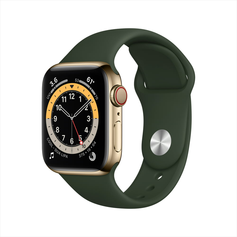 Apple Watch Series 6 GPS + Cellular, 40mm Gold Stainless Steel Case with Cyprus Green Sport Band - Regular