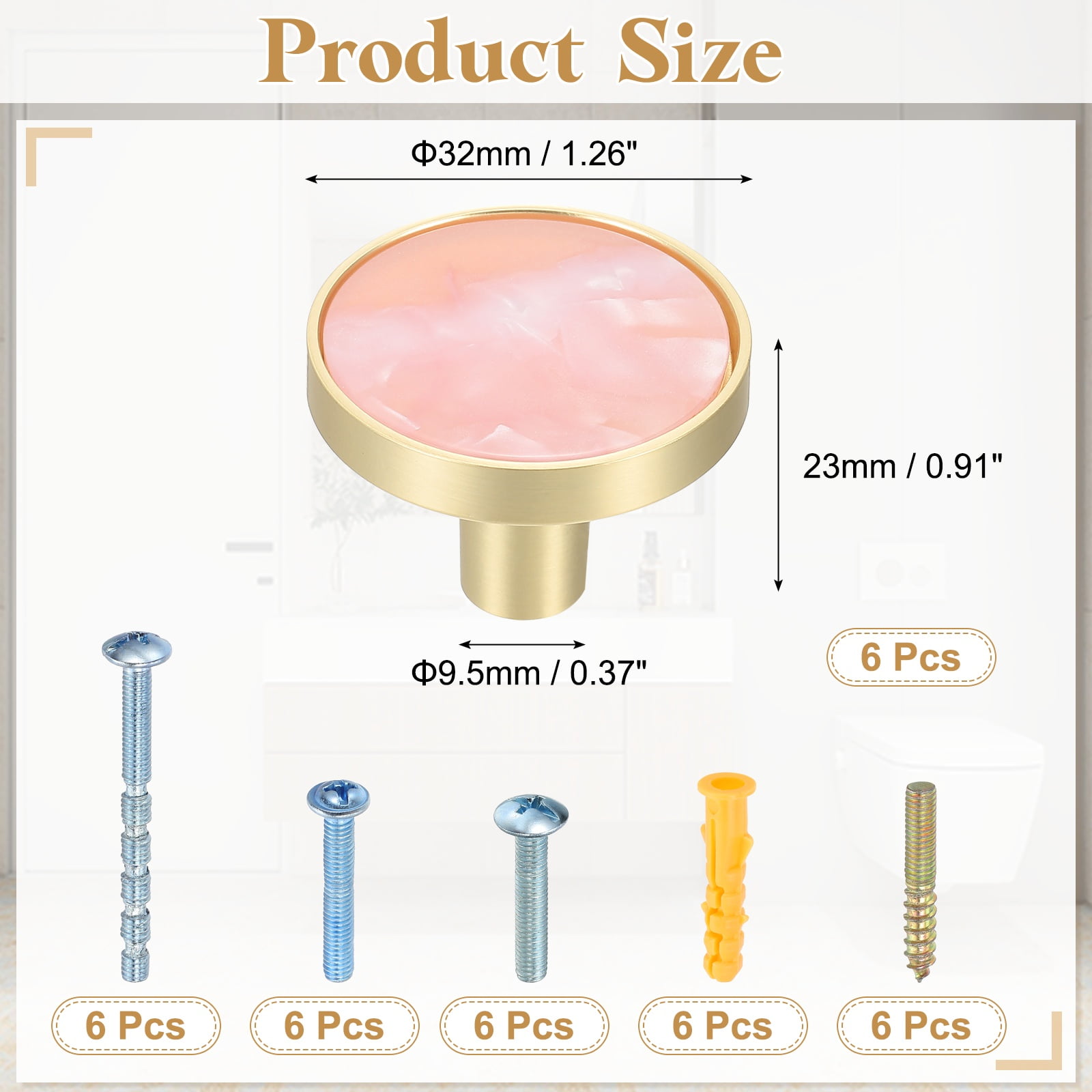 6Pack Gold Cabinet Knobs 1-1/4" Round Knobs Cabinet Handles, Pink