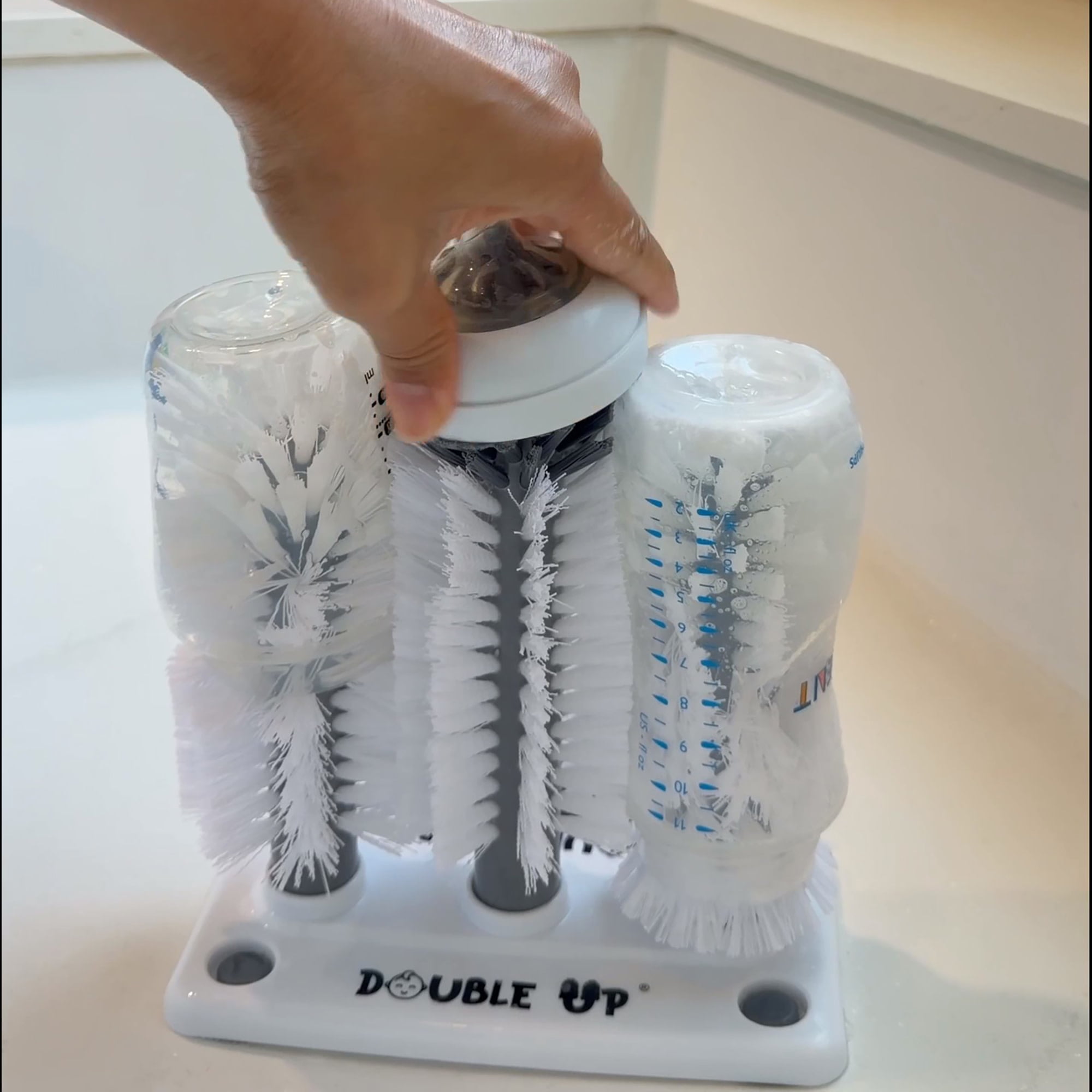 Double Up Bottle Brush - Clean 2 Baby Bottles At Once, Dense Washing Bristles, Suction Base, Nipple Scrub, Dishwasher Safe, Newborn Feeding Essential