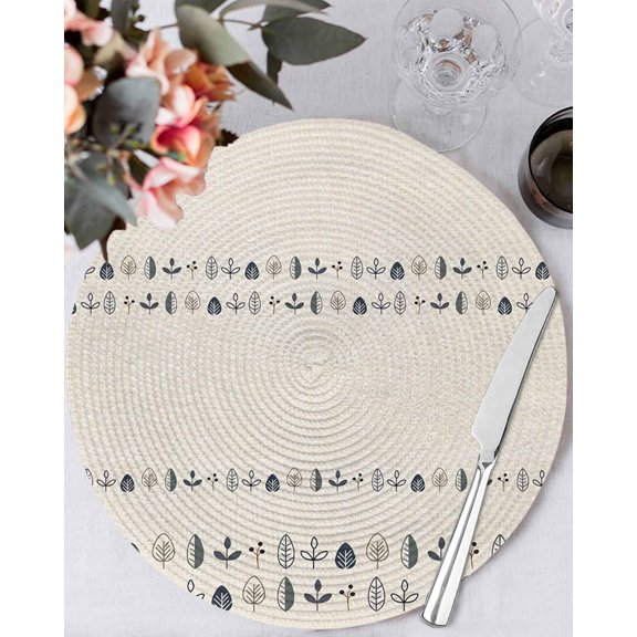 13 Inch Round Placemats Set of 6, Vintage Botanical Non Slip Heat Insulation PP Table Mats, Herb on Beige Leaves Retro Country Washable Place Mats for Kitchen Dining Party Table Decor