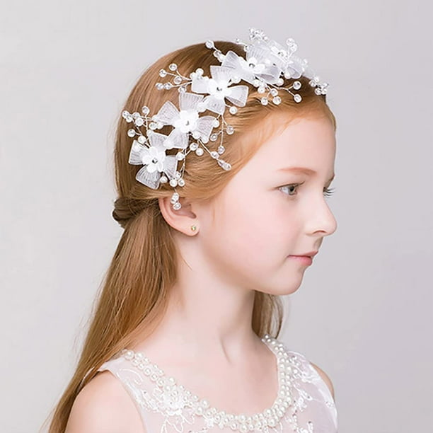 Diadema blanca de princesa, banda para el pelo de flores, vestido de pelo de comunión de cristal, accesorios nupciales para el cabello de boda con diamantes de imitación para niñas de flores Zefei Wu 9024735036043
