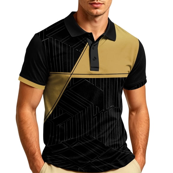 Fabrcox S-4XL Men's Short Sleeve Polo Shirts Color Block Men's Golf Shirts Striped Lightweight Casual Athletic Sports Big and Tall Men's Shirts Khaki XL