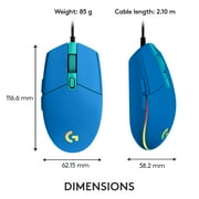 Logitech G203 Wired Gaming Mouse, 8,000 DPI, Rainbow Optical Effect LIGHTSYNC RGB, 6 Programmable Buttons, Blue