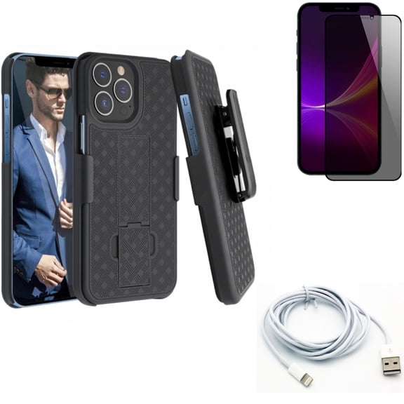 Privacy Screen Protector & 6ft USB Cable & Case Belt Clip for iPhone 13 Pro Max ONLY - Tempered Glass Curved Anti-Spy   Charger Cord Power Wire   Holster Swivel Cover Combo