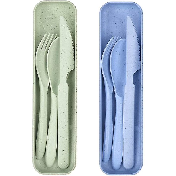 Juego de cubiertos de viaje, juego de cubiertos de viaje con estuche, juego de cubiertos reutilizables de 2 juegos, juego de cuchara, cuchillo y tenedor de viaje, verde y azul