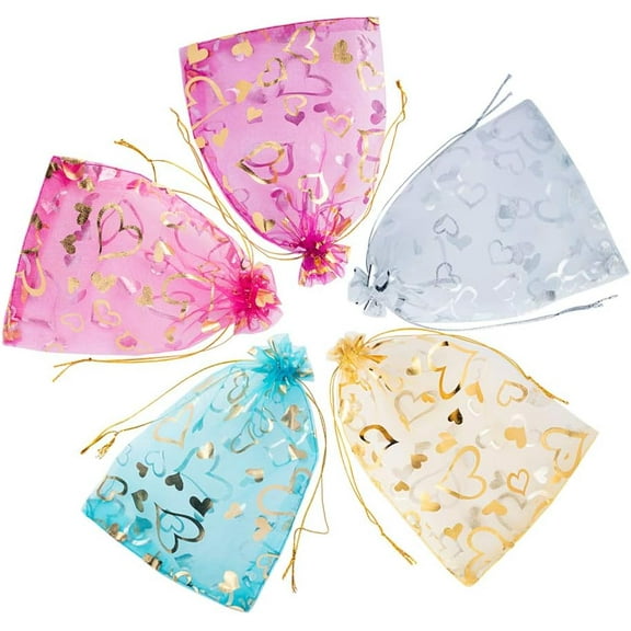 90pcs 5x7inch Sheer Organza Favor Bags 6 Color Large Heart Printed Organza Gift Bags Mesh Gift Bags DIY