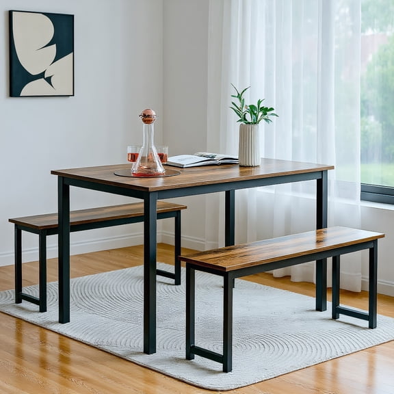 Topcobe 3 Pieces Dining Table Set with 2 Benches for Dining Room Kitchen Bar, Living Dining Room Furniture Set, Brown