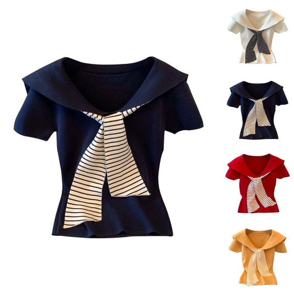 WHEANG Oversized Tshirts for Women Nautical Collar Cape Patchwork Striped Sleeve Fake Two-Piece Short Sleeve T-Shirt New Cropped Preppy Cute Summer Tops for Women White Size XL