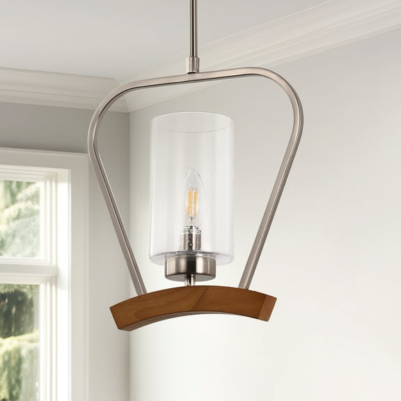 YANSUN 1-Light Brushed Nickel Pendant Chandelier with Geometric Seeded Glass Shade, E12 Base, No Bulbs Included
