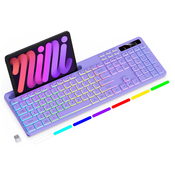 Wireless Keyboard with 7-Color RGB Backlit, Marvo Full-Size Computer Keyboard with Phone Tablet Holder, Rechargeable 2.4G Wireless Gaming Keyboard with Light up Keys, Compatible with Mac,Window