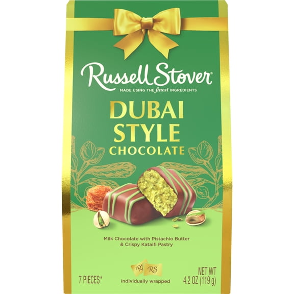 RUSSELL STOVER Dubai Style Milk Chocolate Candy Bar with Pistachio & Kataifi Gift Bag, 4.2 oz.