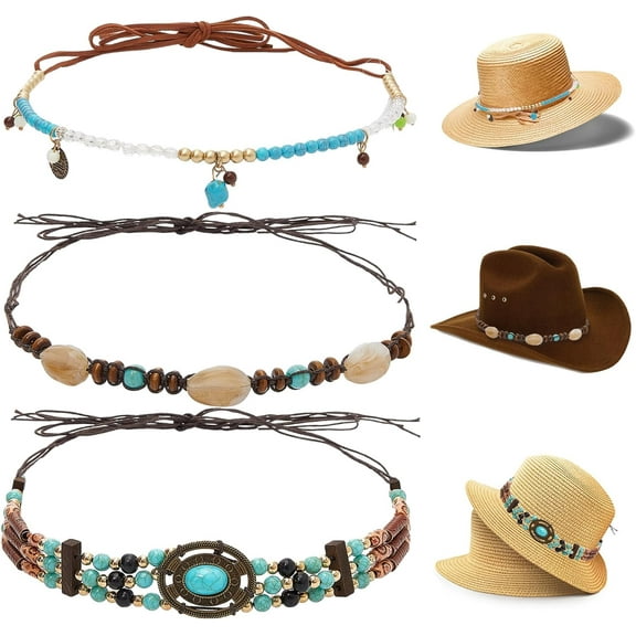 3Styles Cowboy Hat Band Ethnic Style Wax Cord Hat Belts Adjustable Hat Band for Cowboy Cowgirl Hats Accessories Hat Decoration