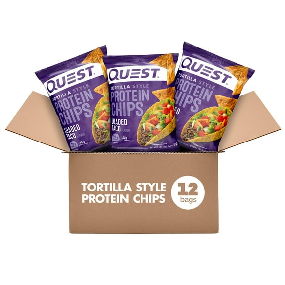 Quest Tortilla Style Protein Chips, Loaded Taco Flavor, Gluten Free, Baked, 1.1oz Bags, 12 Count