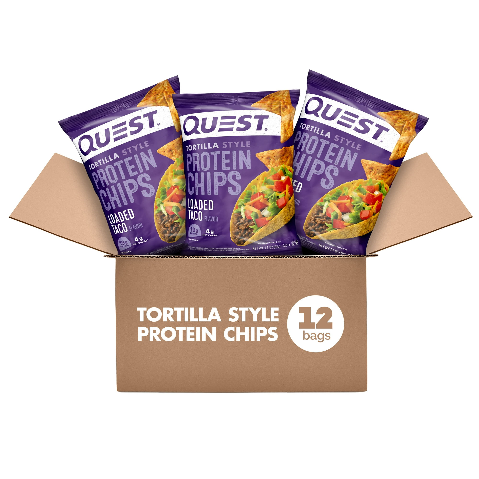 Quest Tortilla Style Protein Chips, Loaded Taco Flavor, Gluten Free, Baked, 1.1oz Bags, 12 Count