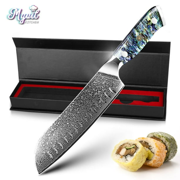 Cuchillo de Cocina Cuchillo de Acero Damascus VG10 67 Capas Cuchillos de Chef Japonés Santoku Herramienta de Corte de Talla Mango de Concha de Abulón con Funda y Caja de Regalo