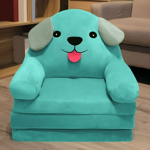 BESTSKY Blue Puppy Plush Foldable Kids Sofa Backrest Armchair 2 In 1 Foldable Children Sofa Cute Cartoon Lazy Sofa Flip Open Sofa Bed for Living Room Bedroom (without Liner Filler)