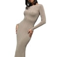 thumbnail image 1 of Diconna Femmes Robe en Tricot, Manches Longues Col Rond Robe Côtelée Solide Coupe Slim Automne Robe Longue, 1 of 4