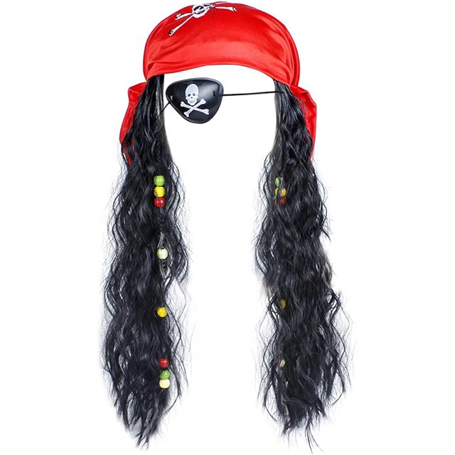 Conjunto de 3 accesorios para disfraz de capitán pirata, pañuelo para la cabeza pirata con peluca, parche en el ojo para disfraz de cosplay para adultos
