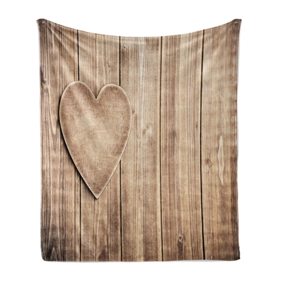 Valentines Day Soft Flannel Fleece Blanket, Rustic Heart over Wooden Planks Background Lovers Corner Romantic Celebration Print, Cozy Plush for Indoor and Outdoor Use, 70" x 90", Tan, by Ambesonne