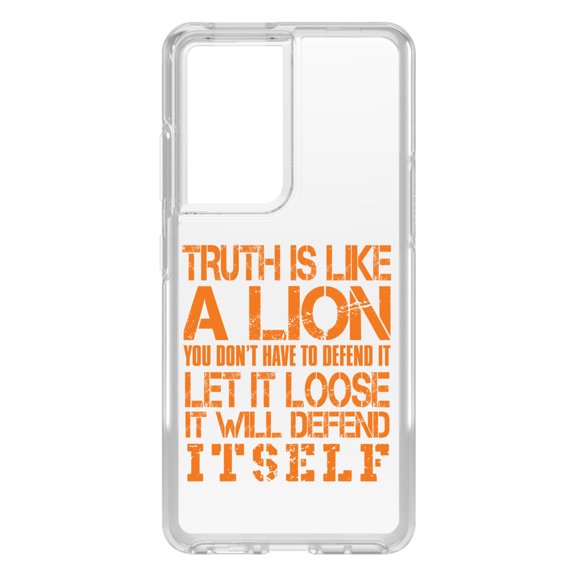 DistinctInk Clear Shockproof Hybrid Case for Galaxy S21 ULTRA 5G (6.8" Screen) - TPU Bumper Acrylic Back Tempered Glass Screen Protector - Truth is Like Lion - Don't Have to Defend