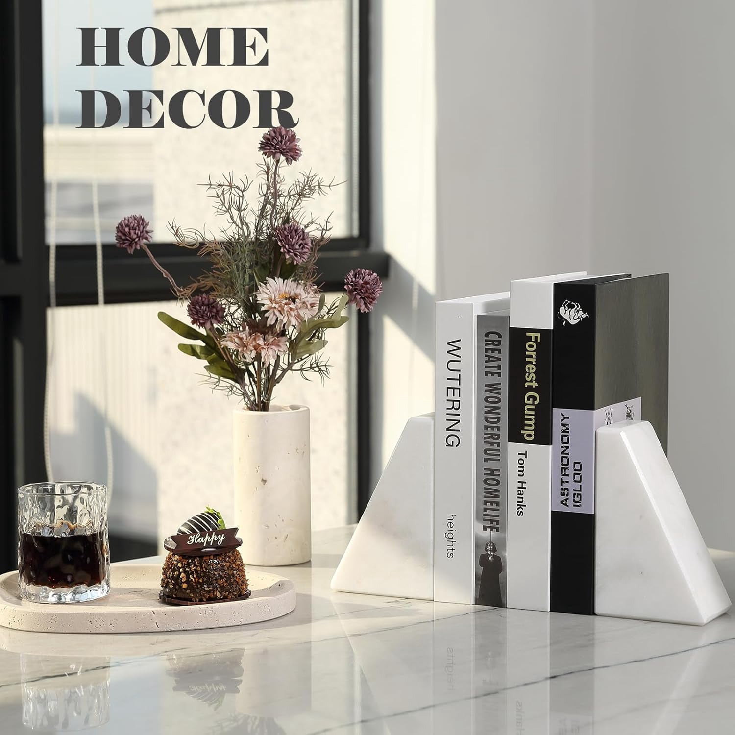 Bloomingville Marble Bookends - Heavy Duty Beige Stone Book Supports, Set Of 2