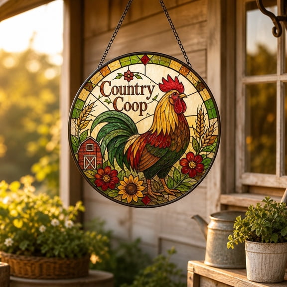 Rustic Rooster Stained Glass Suncatcher Window Decor for Chicken Lovers