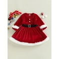 thumbnail image 2 of hirigin Kid Girl Christmas Dress, Long Sleeve Round Neck Pleated Buttons Velvet High Waist Fall Princess Dress+ Waist Band, 2 of 9
