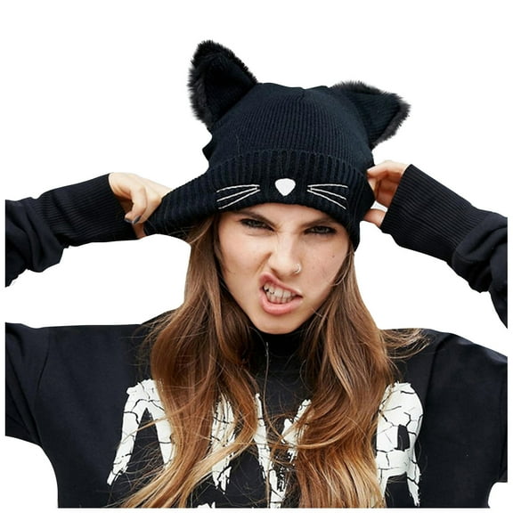 QQAMB Winter Hats Cute Cat Ear Hat with Embroidered Warm Knit Crochet Ski Cap