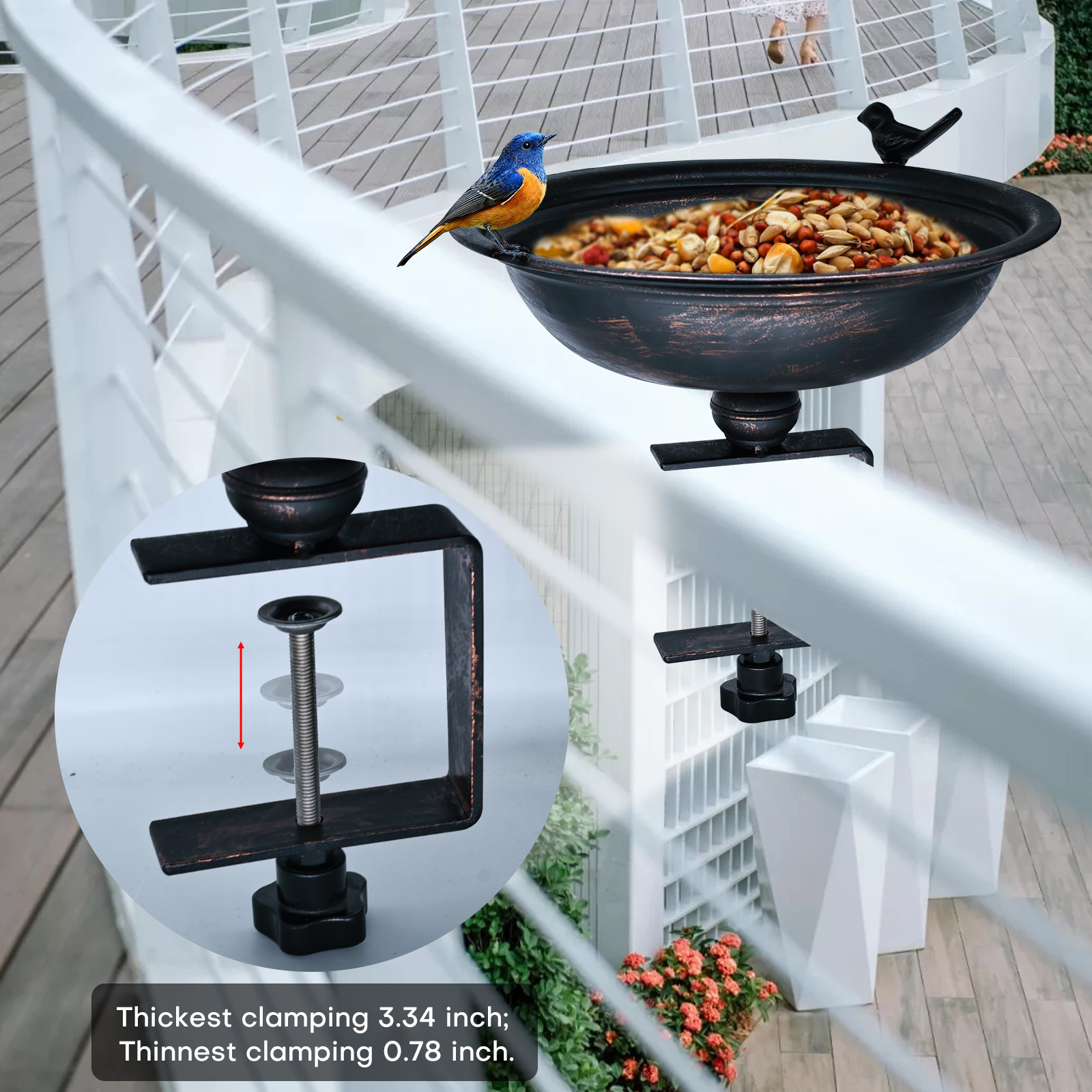 Hongshifu 12in Deck-Mounted Vintage Bird Bath with Adjustable Steel Clamp - Lightweight Detachable Metal Bowl for Railing, Balcony, Yard and Garden - Rustproof and Easy to Clean