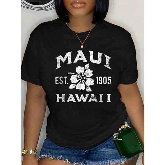 Maui Hawaii Established 1905 Hibiscus Print Distressed T-Shirt Graphic Tee summer Tops For Women Round Neck Fashion Cotton shirts