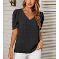 thumbnail image 2 of Camiseta de manga corta abombada con cuello en V para mujer, camiseta informal holgada para uso en verano, color negro XL, 2 of 7