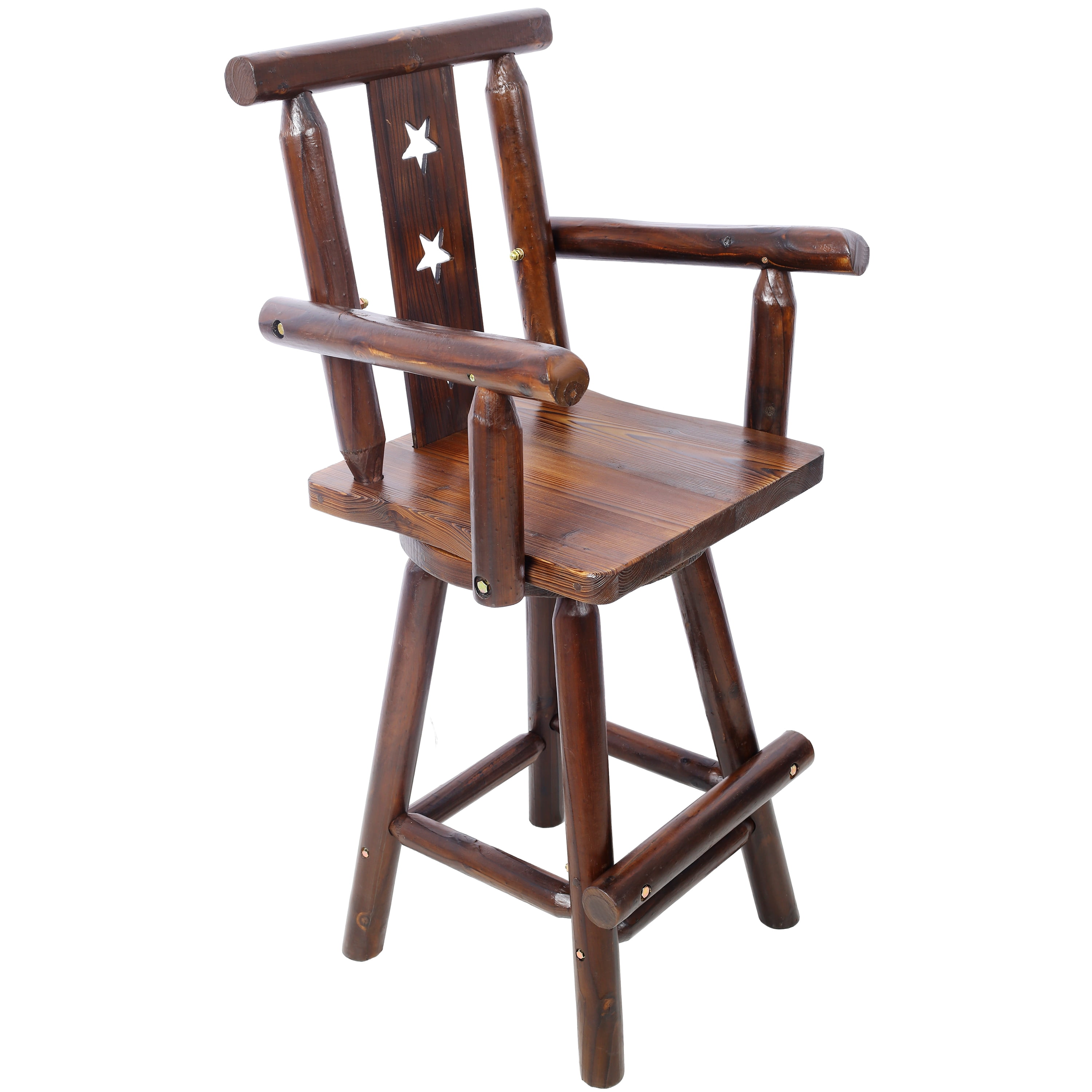 Rustic Bar Stool, Fir Wood Construction, Chair with Decorative Star Backrest, Footrest,Wide Armrest, Rustic Kitchen Stool, Tall Bistro Chair for Dining Room, Restaurant, Pub, 4-Foot