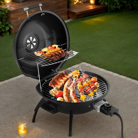1600W Portable Double Layer Electric Countertop BBQ Grill, Indoor & Outdoor Use, Black