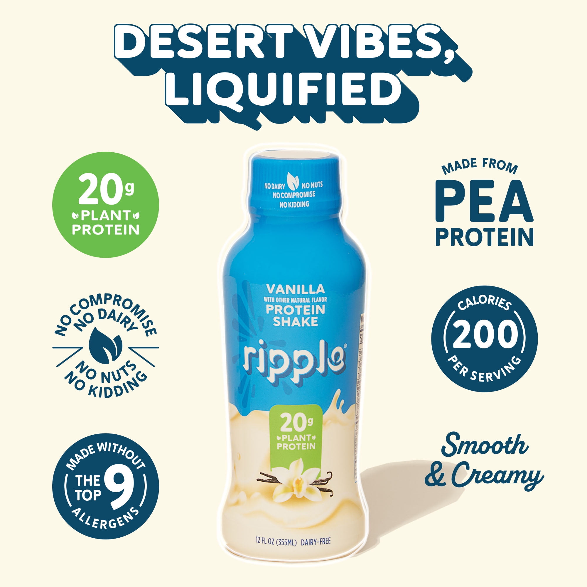 Ripple Vanilla Vegan Protein Shake, Shelf Stable, 12 fl oz, 12 Pack