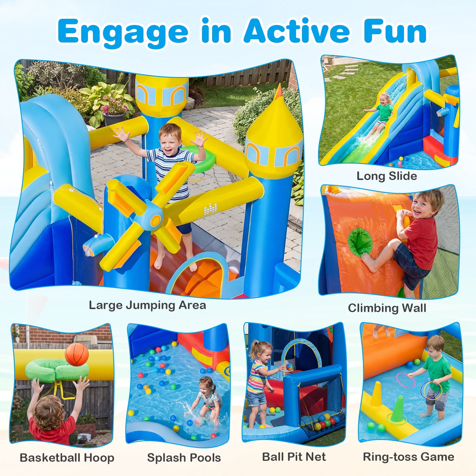 Costway Inflatable Water Slide Park with Slide, Jumping Area, Splash Pools, 680W Blower