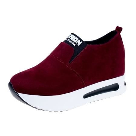 

Follure Girl women s casual shoes Women Fashion Casual Flock Slip-On Thick Platform Sport Sneakers Wedges Shoes Wine 37