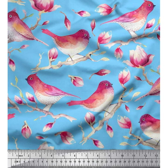 Soimoi Blue Cotton Cambric Fabric Branch,Pink Floral & American Robin Bird Print Fabric by The Yard 42 Inch Wide