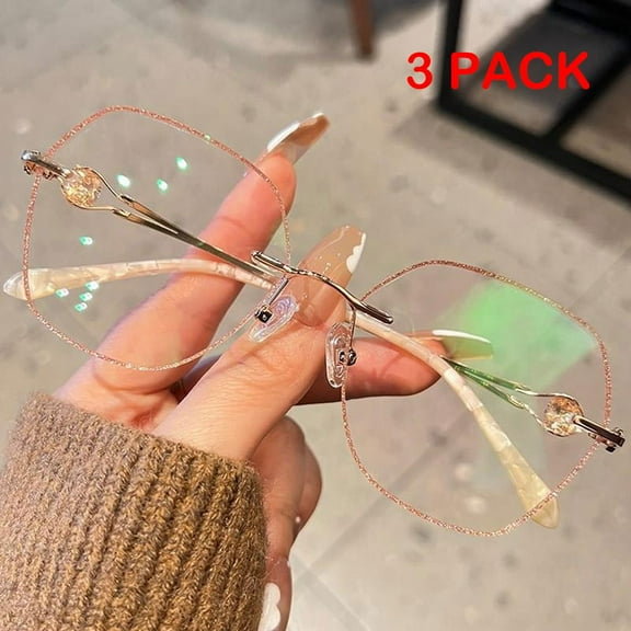 3 Pairs of Womens Fashion Blue Light Blocking Oversized Reading Glasses  1.0, Metal Gold Rimless Readers 1.0