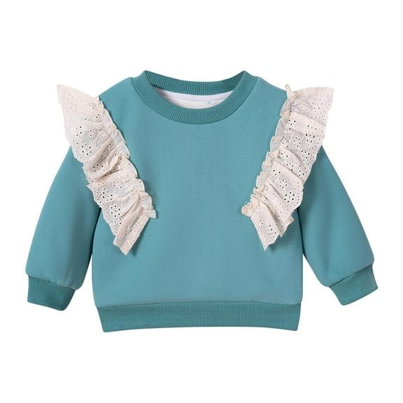 Children's Cute Sweatshirt Lace Round Neck Long Sleeved Comfortable Top Baby Warm Soft Cotton Sweatshirts Blue 2 Years