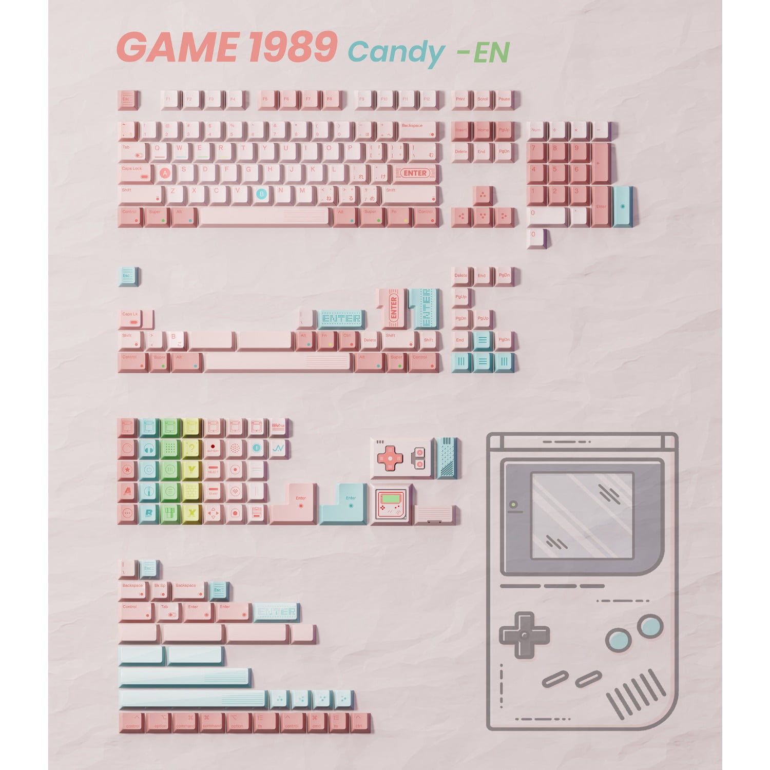 80Retros Game Boy Style Pink Candy PBT Keycap Set, Retro Gaming Keycaps for Mechanical Keyboard, 140 Keys Full Set