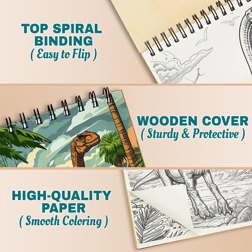 Netecom Prehistoric Coloring Book for Adults, A5 Wooden Cover, 30 Enchanting Coloring Pages of Creatures Prehistoric for Stress Relief and Relaxation, Spiral Bound Edition