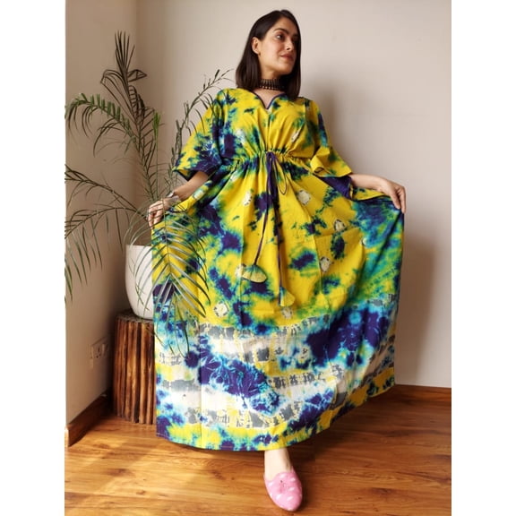 Indian Trendz Women's Casual Oversized Long Cotton Dress, V-Neck, Short Sleeve