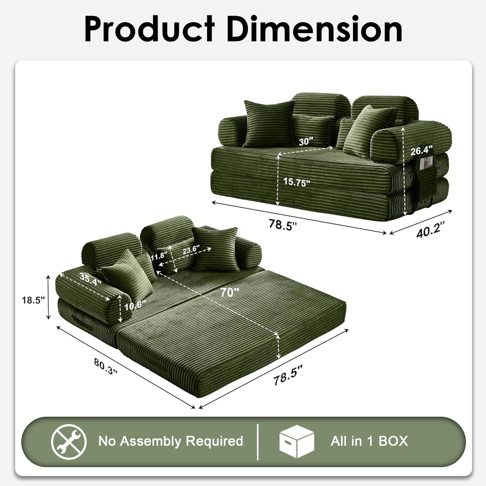 Convertible Sleeper Sofa Bed, 78.5" Modern Futon Sofa Bed for Living Room, Foldable Loveseat Sofa with Memory Foam, Corduroy Floor Mattress Couch, No Assembly Required (Green)